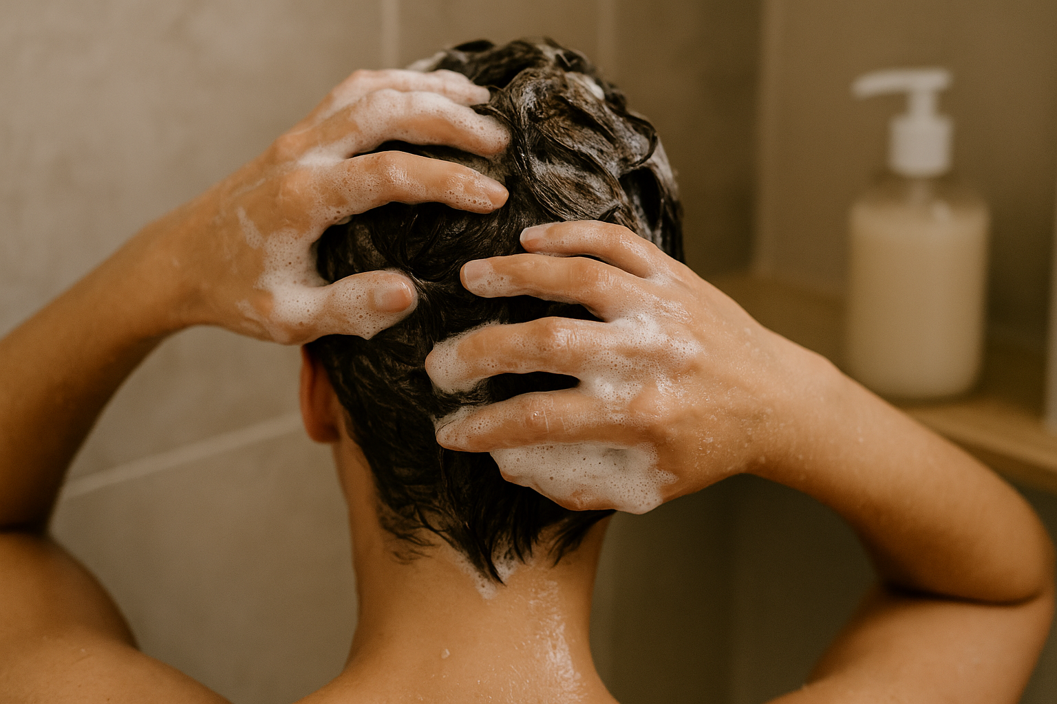 Person nutzt das aufgelöste Shampoo unter der Dusche